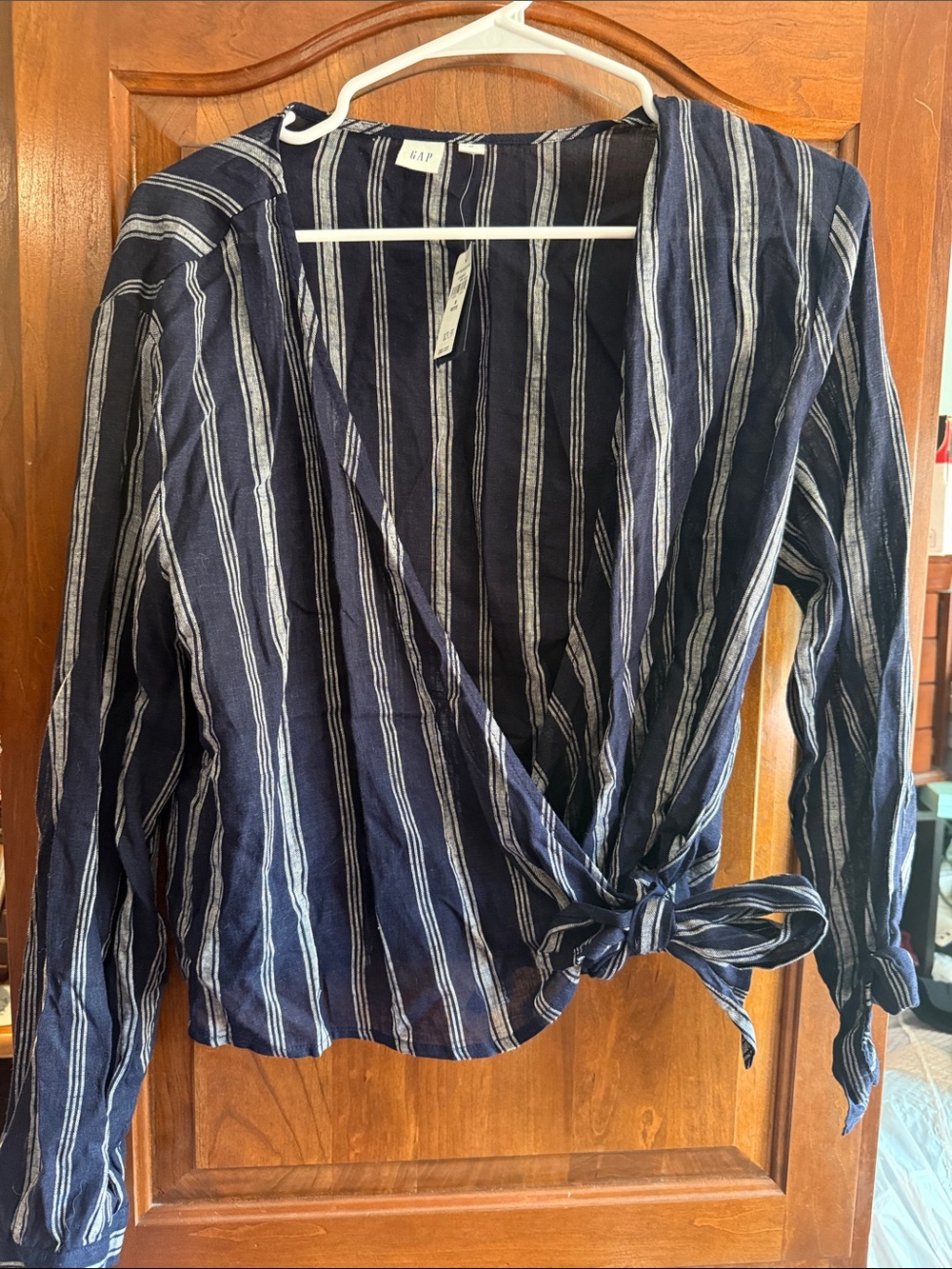 GAP Navy and White Striped Wrap Blouse with Side Tie